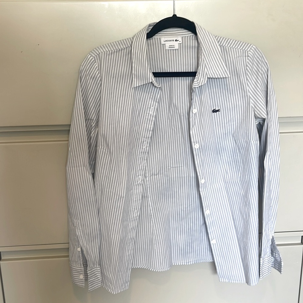 Lacoste Blue and White Striped Button-Down Shirt